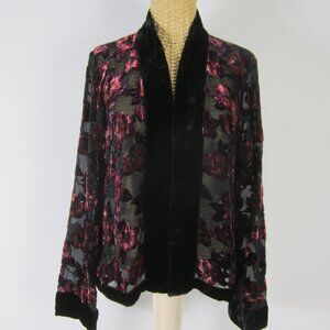 Lord & Taylor Womens S / M Black PUrple Floral LS Velvet Silk Sheer Cardigan